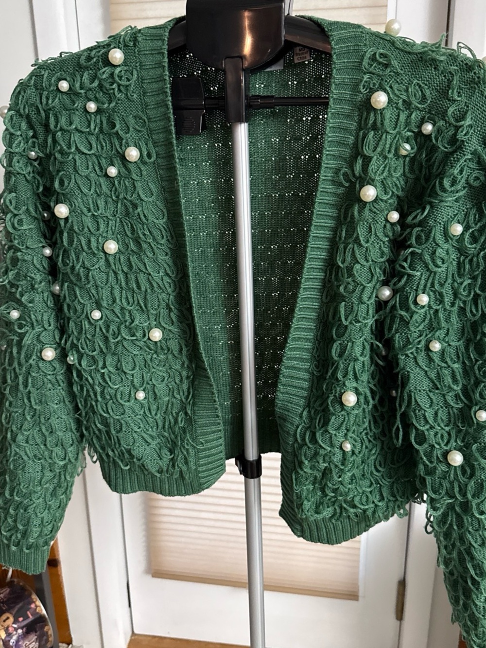 Mighty Fine Emerald Green Pearl-Embellished Loop-Knit Cardigan